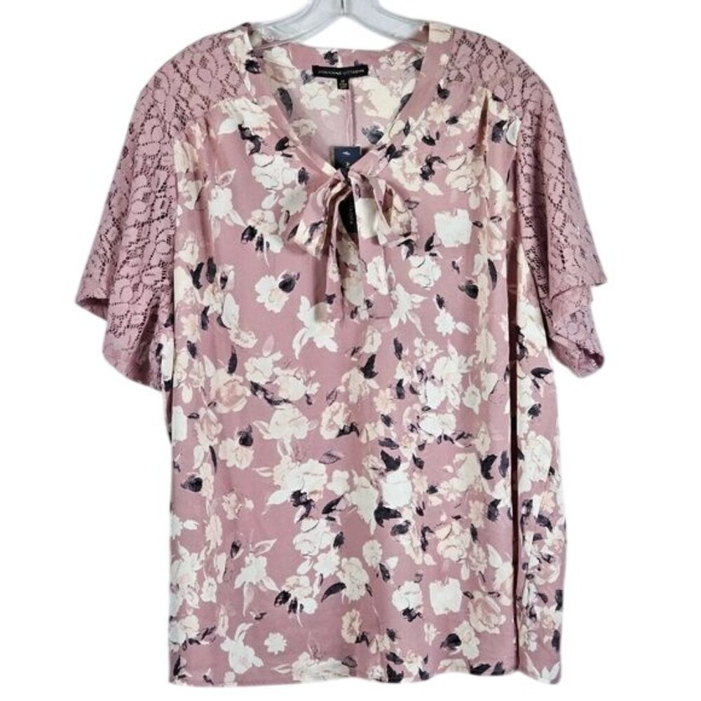 Adrienne Vittadini Pink Floral Blouse Sz 3X‎ Keyhole Tie Lace Sleeves Flowy Boho